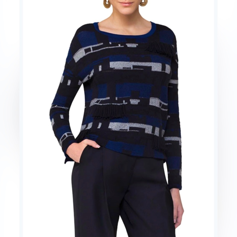 AKRIS Punto ✨ Fringed Jacquard Sweater ✨ Blue Pattern ✨ Size 8